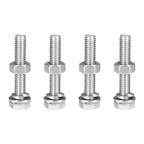 uxcell Hex Thread Bolts, Nuts, and Flat Lock Washers Kit, M6 X 35mm, 304 Stainless Steel, Fully Threaded Hex Bolts, Set of 4