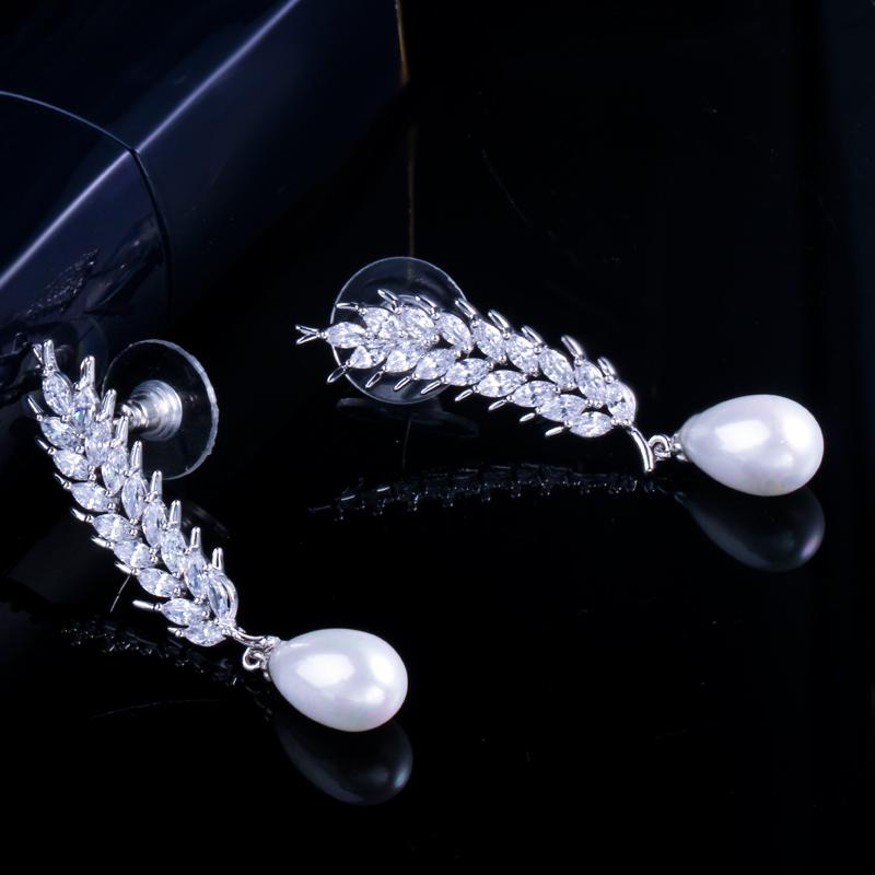CMM High Quality Fashion Cubic Zirconia Dangling Drop Artificial Pearl Jewelry Wheat Feather Earrings