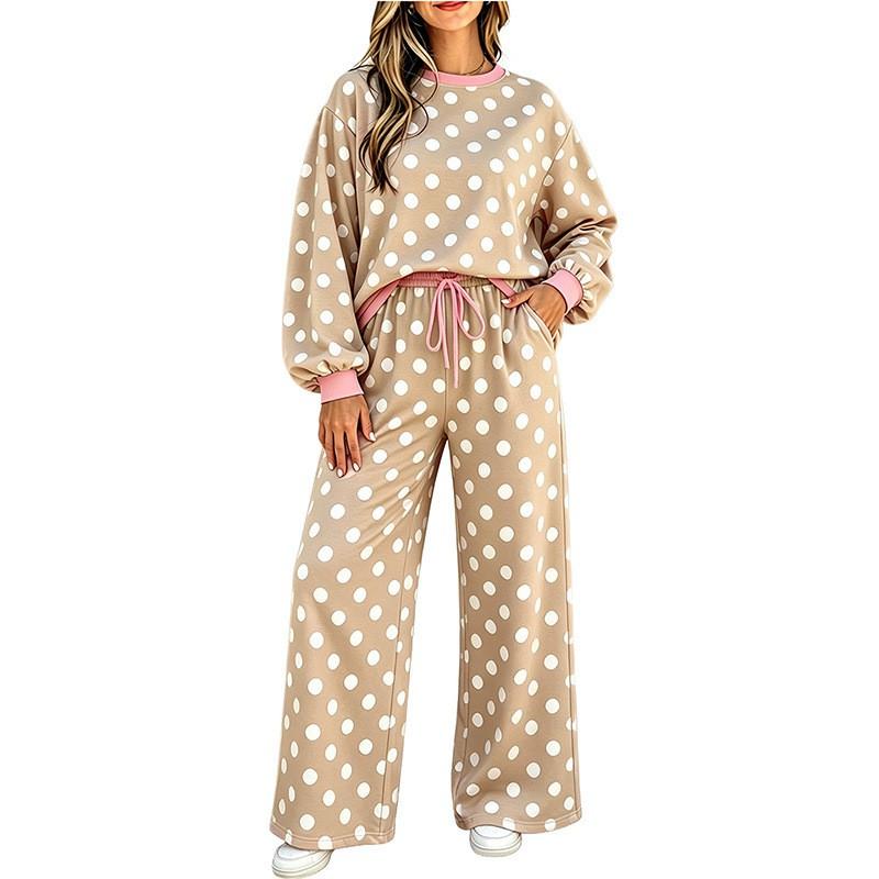 Womens Polka Dot Casual Two-Piece Set With Multiple Pockets Long Sleeve Hoodie Pants Soft Stretch Fabric