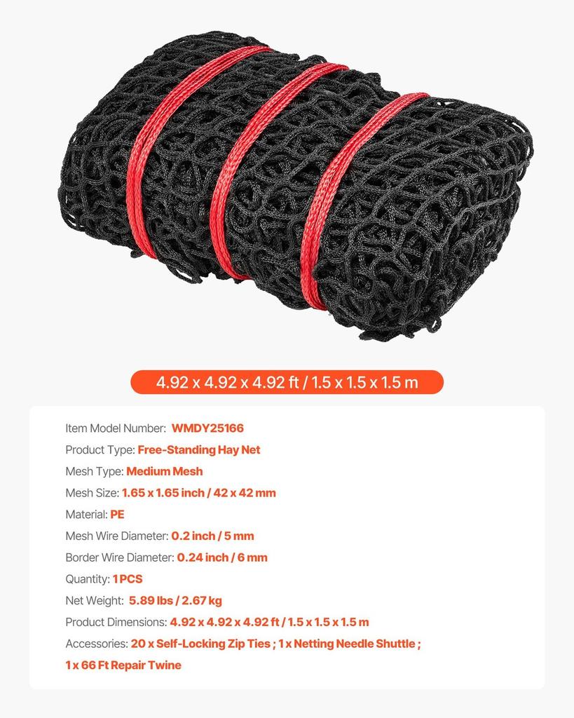 Hömask för rundbalar, 1,5 x 1,5 x 1,5 m, 42 x 42 mm Maskor, PE-material, Knutfri Design, med Självlåsande Buntband, Syttel och Reparationsgarn,
