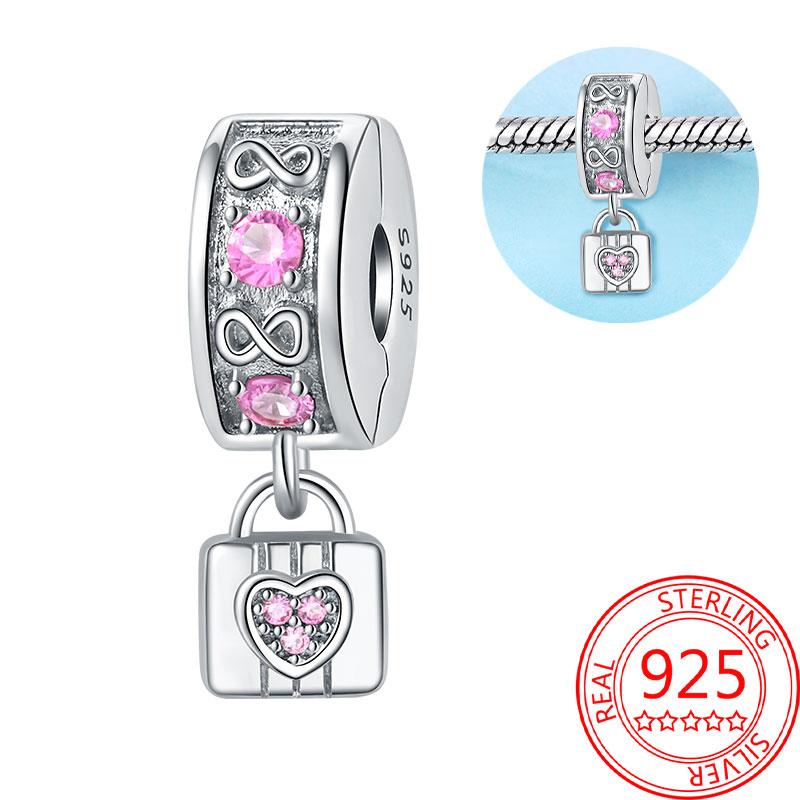 Breloque Pendentif Perles Cœur Rose Scintillant Cuivre Compatible Bracelet Original Pour Femmes Bijoux Cadeaux Saint-Valentin