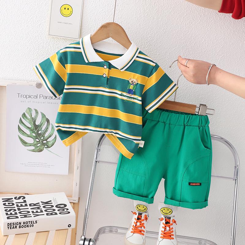 Boys' Summer 2026 Polo Shirt & Shorts Set: Striped Two-Piece for Toddlers and Kids