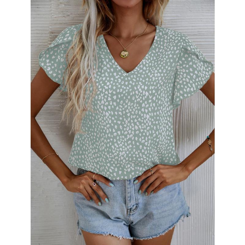 Stylish and Elegant Women's Shirt Small V-neck Short Sleeve Petal Sleeve Pleated Lace Full Body Print Woven Casual