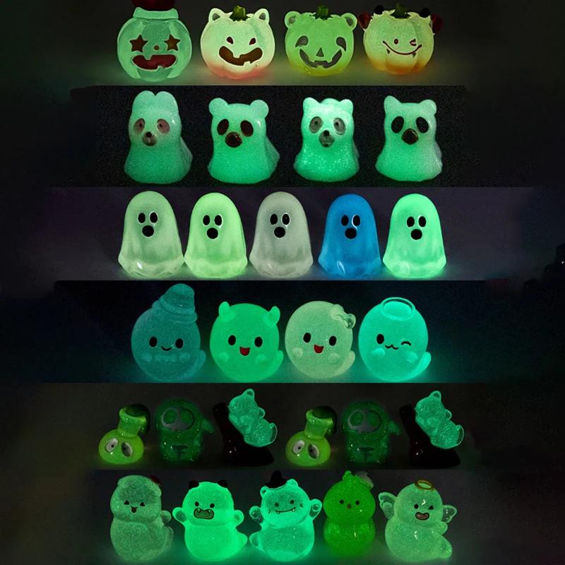 10-12pcs Halloween Resin Ghost Figures Luminous Pumpkin Ghost Ornaments Micro Landscape Desktop Decorations Party Gifts