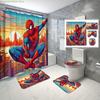 4pcs Spiderman Cartoon Pattern Decoration Set Includes Shower Curtain, Non-slip Bathroom Rug, Toilet U-shaped Mat, Toilet Seat