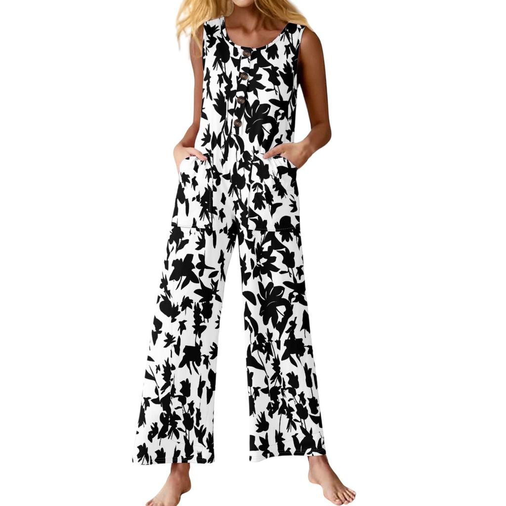 Women's Fashion Casual Button Sleeveless Jumpsuit Floral Flower Print Cotton Pocket Jumpsuit