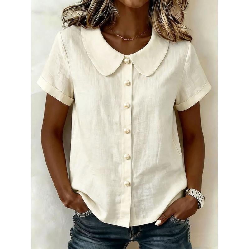 Womens Peter Pan Collar Buttonwomens peter pan collar blouse Front Short Sleeve Blouse