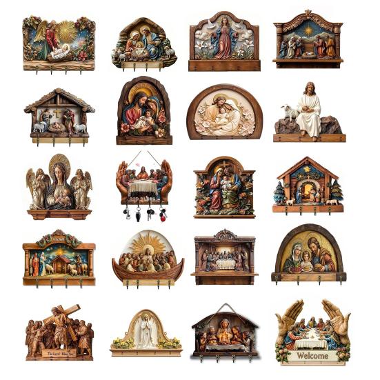 Dřevěný křesťanský držák na klíče 2D plochý Ježíš přijímání umění klíčenka stojan se 4 háčky náboženský nástěnný stojan na klíče pro vstupní halu domácí dekorace