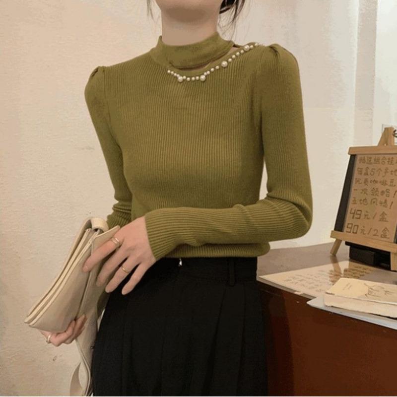 Long-sleeved hollow semi-turtleneck knitted bottoming shirt for women's autumn and winter new slim-fitting and thin design pullover sweater top