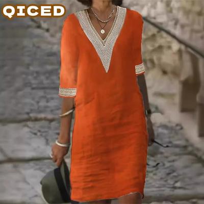 Women's Fashion Summer Spring Solid Color Print 2/1 Sleeve V-Neck Casual Dresses