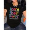 Womens There Their Theyre Letter Print Crew Neck Short Sleeve Casual T Shirt Spring Summer Daily Wear Top