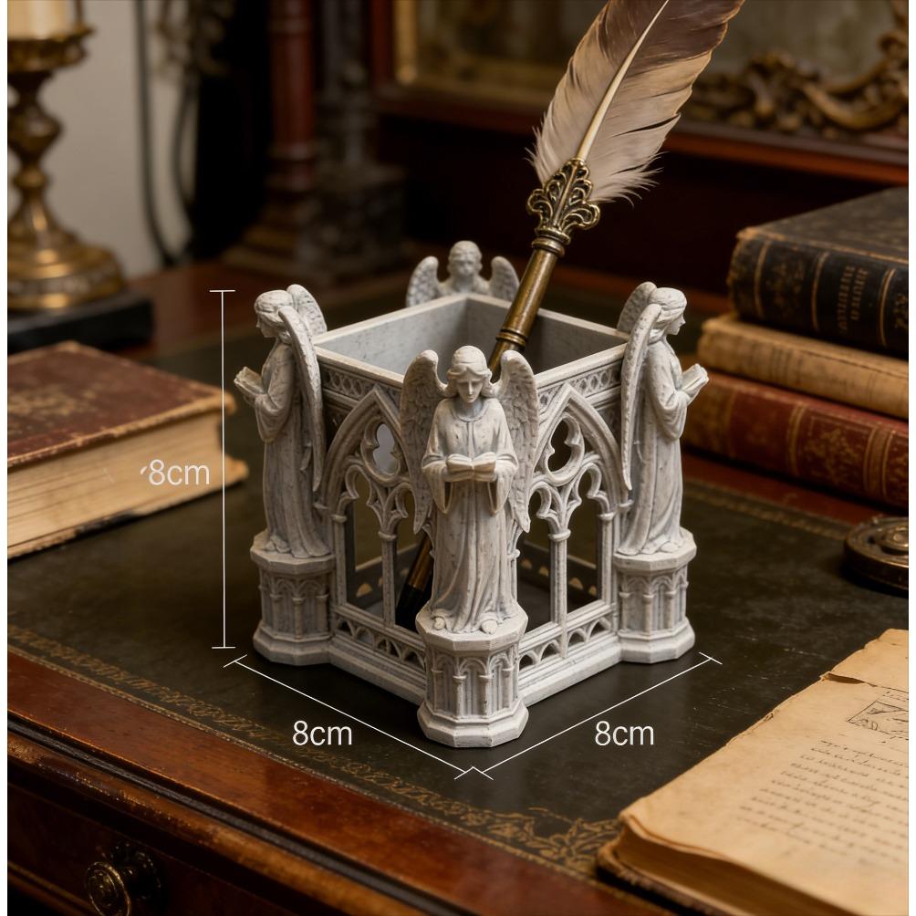Vintage Gothic Cathedral Arch Angel Figurine Pen Holder 3D Printed Desk Organizer Aesthetic Decor for Makeup Brushes& Stationery