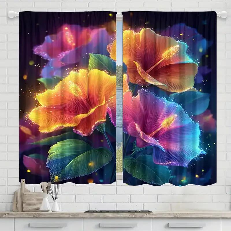 2pcs, Polyester Material, Vibrant Colorful Flower and Leaf Pattern Print, Light Filter Curtains, Suitable for Bedroom, Living