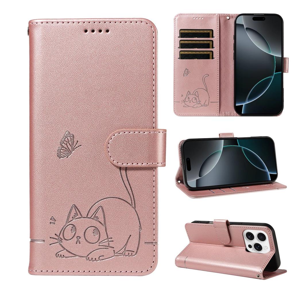 Leather Wallet Flip Case For OPPO A57S A77 A15 A15S A16 A16S A54S A17 A96 4G 5G Cat and Butterfly Embossed,Wrist Strap