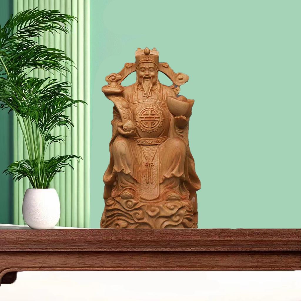Natural Cypress God of Wealth Figure Statue Hand Carved Solid Wood Suitable For Home Room Office Gathering Wealth Statue