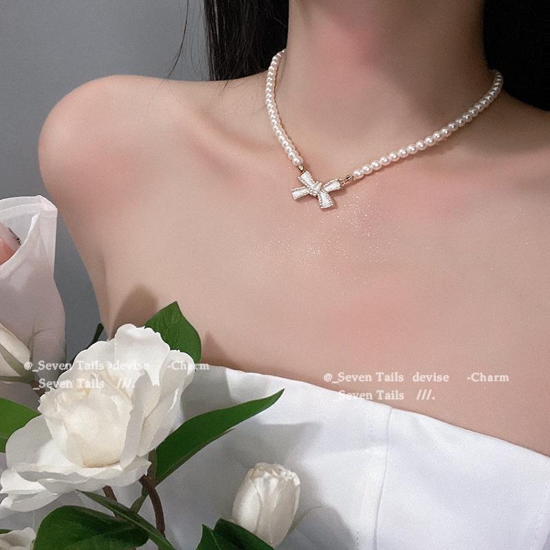 Elegant  Bead Chain Necklace Bowknot Heart Butterfly Zircon Choker for Women Fashion Accessories Jewelry