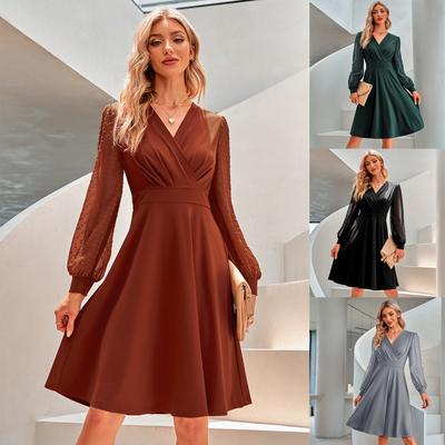 Fashion Commute Solid Color V-Neck Female Elegant Dress Autumn Office Lady Mesh Long Sleeve Folds Knee Dresses Women's Clothing