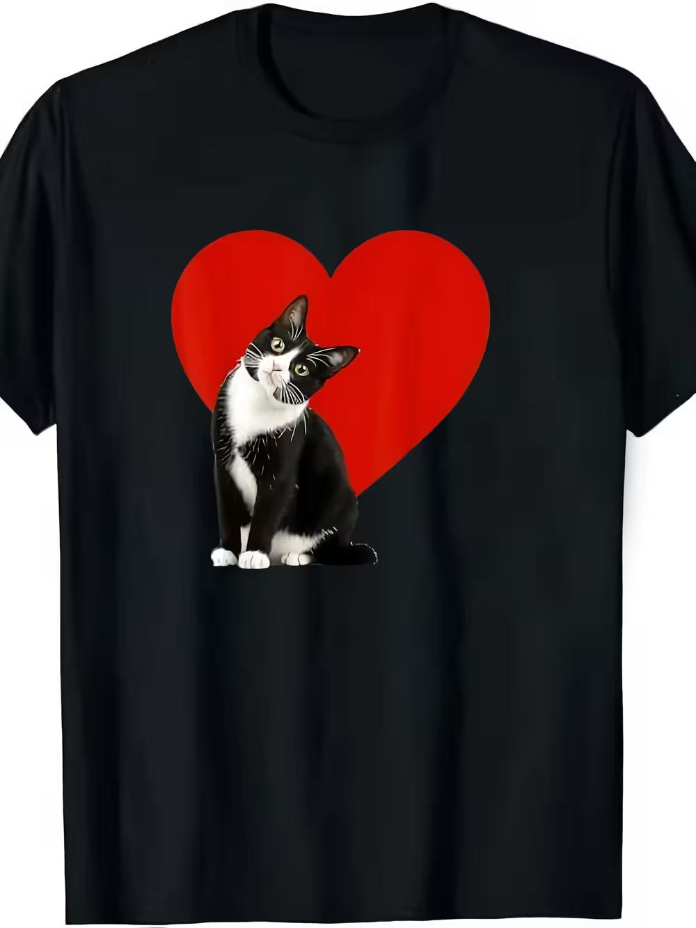 Funny Tuxedo Cat Valentine S Day T-Shirt - A Black Shirt Featuring a Red Heart Print Combined with a White Tuxedo Tabby Cat Design L