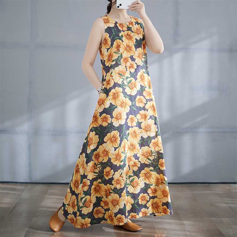 Women's Long Skirt Summer New Round Neck Printed Dress