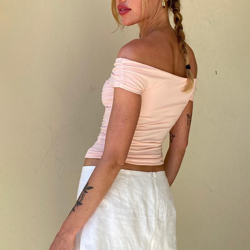 YYFS Damenmode, lässig, Sommer, Frühling, einfarbig, kurzärmelig, One-Shoulder-Blusen und Hemden