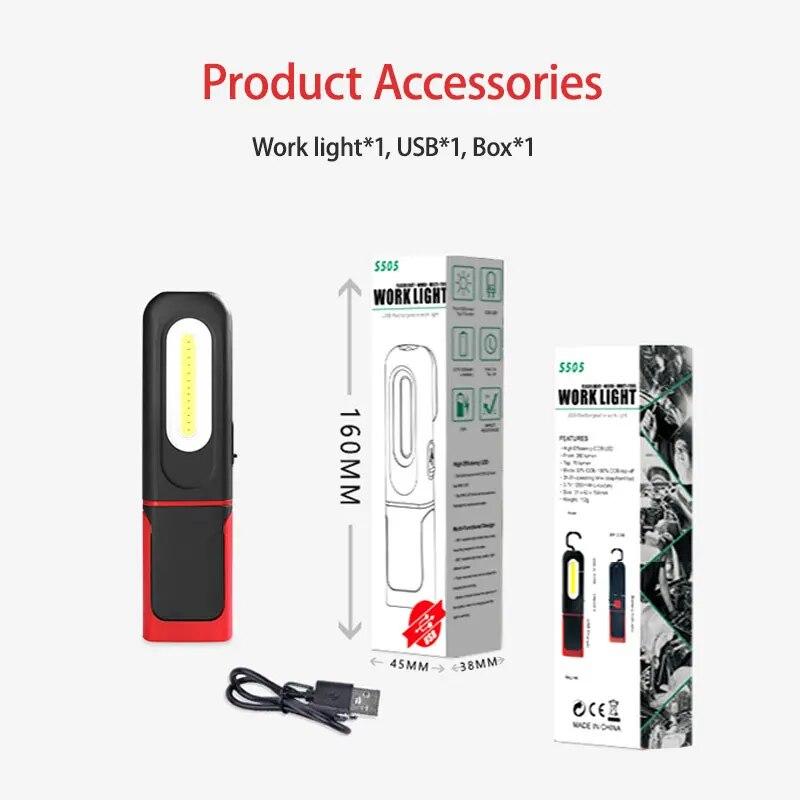 Portable USB Rechargeable Work Light Magnetic COB LED Flashlight Hanging Lamp with Built-in Battery Camping Torch