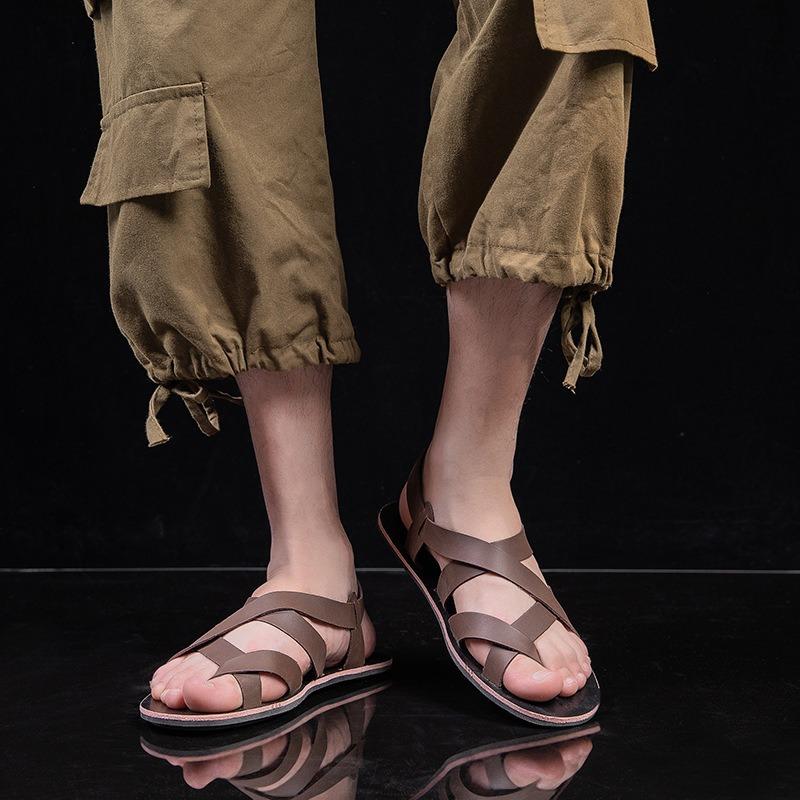 Fashion Genuine Leather Men Sandals Summer Retro Rome Sandals Design Open Toe Sandal Men Casual Flat Sandals Handmade Cowhide Sandalias
