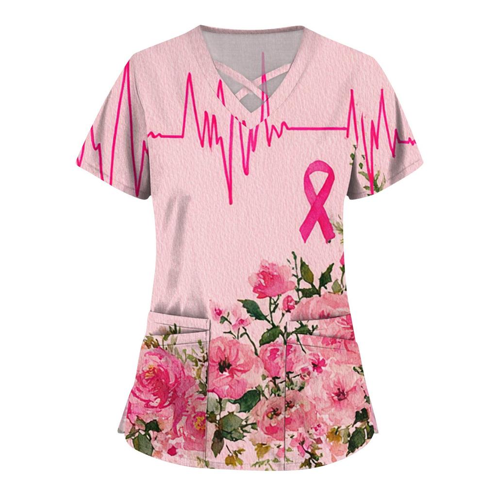 Women's Fashion V-Neck Short Sleeve Overalls Double Layer Pocket Printed Tops Apparel