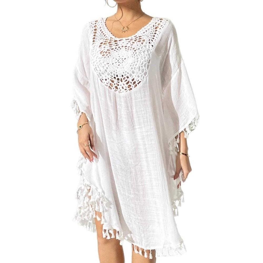 Loose Swimsuit Cover Up Dress Hollow Out Beachwear Shirt Fashion Summer Sunscreen Smock  for Women