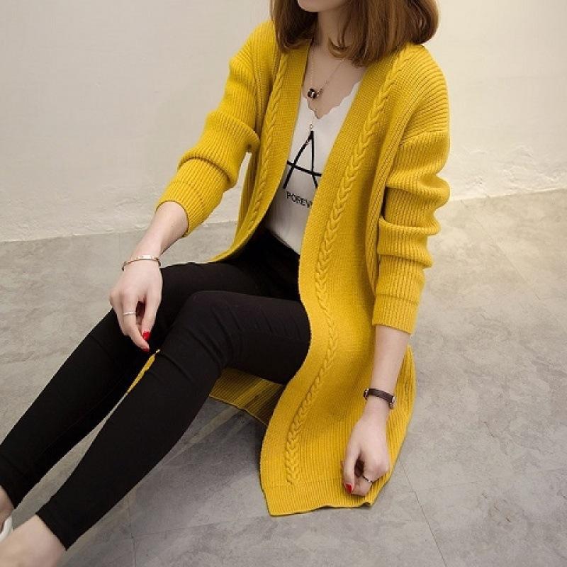 

Осенне-зимний кардиган средней длины, вязаный, свободный и тонкий, простой свитер с длинным рукавом и узором «косы» для женщин, без застежки. Average size 53-123 жёлтый