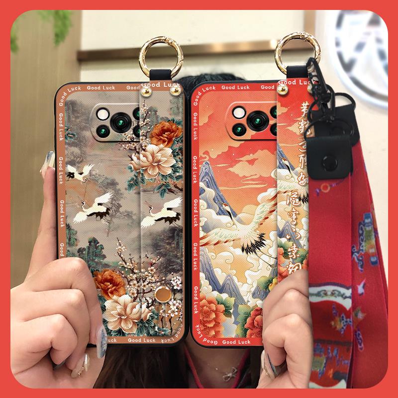 Lanyard Protective Phone Case For Xiaomi Poco X3 NFC/X3 Pro Wristband Back Cover Chinese Style Silicone Phone Holder