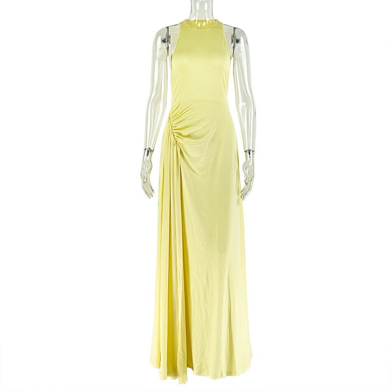 Orange Halter Neck Maxi Dress with Side Pleats
