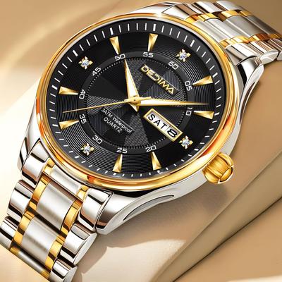 Top Brands Luxury Men's Stainless Steel Watch Double Calendar Diamond Luminous Waterproof Watch Butterfly Clasp Quartz Business Clock