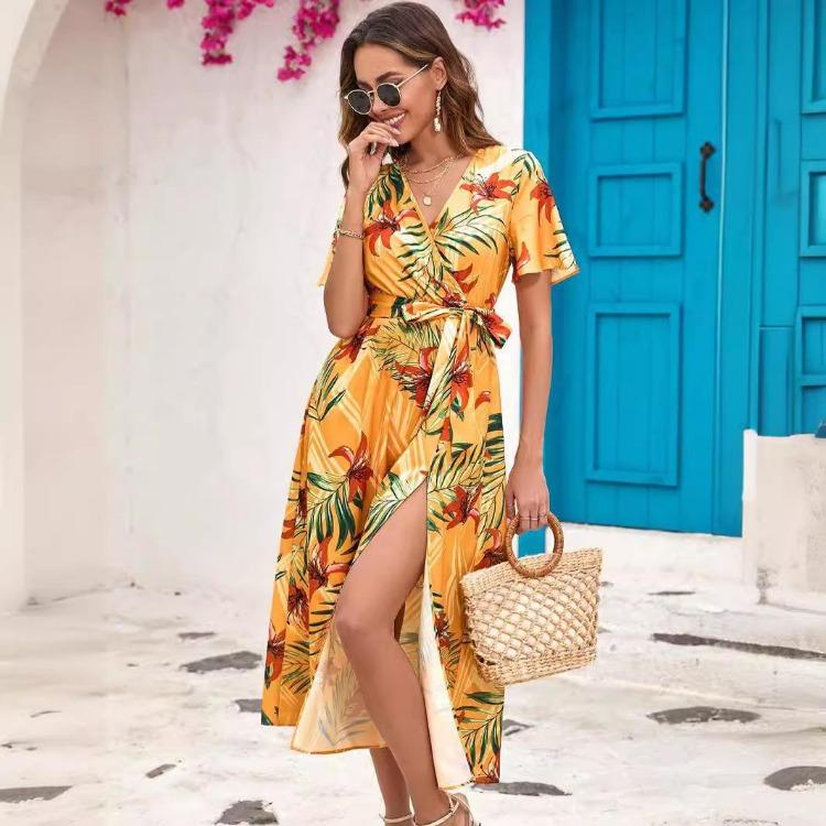 Ethnic Printed Women Summer A Line Dress Lace Up Short Sleeve High Waist S