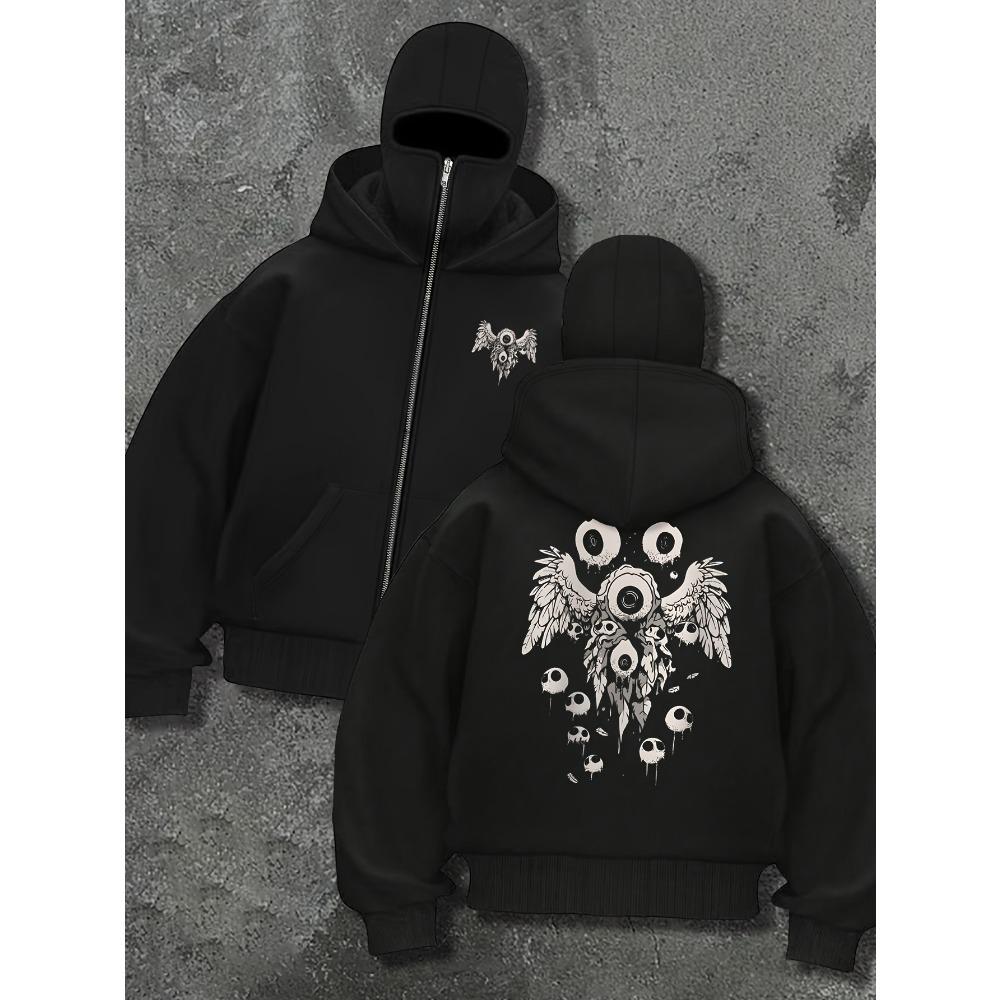 

Men s Fashion Trend Hooded Sweatshirt with Eye Print, Featuring Double Hood and Zipper Streetwear and Hip-hop Style XXL
