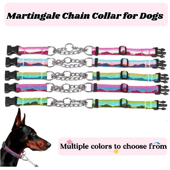 Martingale Dog Collars with Stainless Steel Chain, Reflective No Pull Walking Training Collar with Quick Release Buckle, Adjustable Slip Chain Nylon
