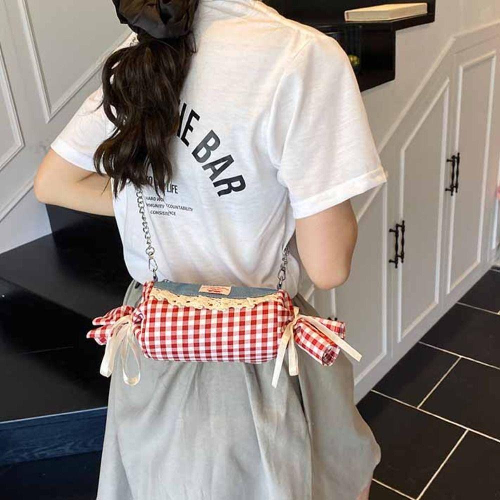 Canvas Candy Shape Bag Cherry Denim Lace Shoulder Bag Lightweight Red Plaid Crossbody Bag  Vacation