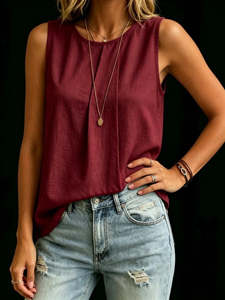 Fashion Loose Women Solid Color Irregular Sleeveless Round Neck Tank Top