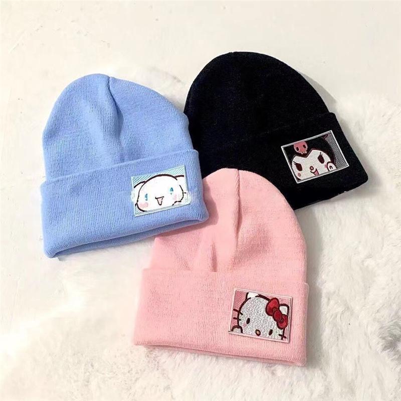 Cartoon Sanrio Embroidered Knitted Hat Kuromi My Melody Cinnamoroll Woolen Cute Hat Pullover Warm Winter Girls Birthday Gifts