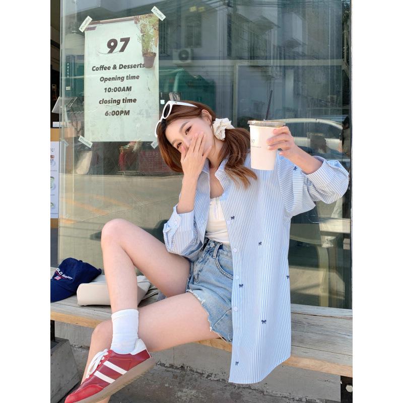 2026 Women's Blue & White Striped Bow Embroidery Long Sleeve Shirt - Unique Mid-Length Stylish Early Autumn Top