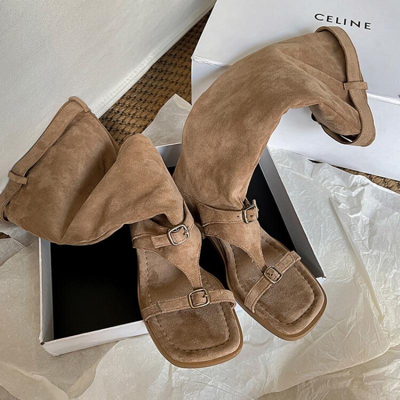 Fashion New Black Brown Rivet Belt Buckle Herringbone Clip Foot Roman Cool Boots Summer 2cm Thick Heel Exposed Toe Long Tube Thin Boots