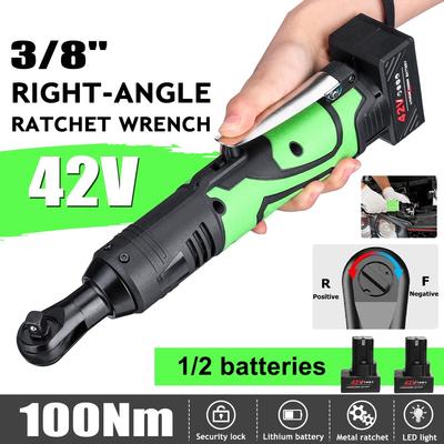 100Nm 3/8" Cordless Ratchet Scaffolding Right Angle Wrench Tool with 1/2 Battery Charger Kit 42V Rechargeable Electric Wrench