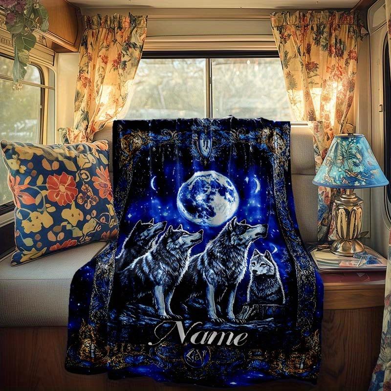 Wolves Under The Moon Rv Customize Your Name Blanket Is Suitable For Rv Camping Traveling Rv Home Soft And Warm Rv Interior Blanket Suitable For Gifts