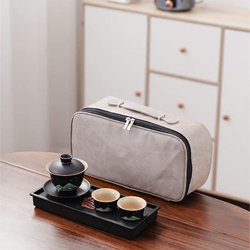Black Pottery Travel Kung Fu Tea Set Portable Household Outdoor Ceramic Tea Pot Drinking Tea Cup Dry Brewing Plate Small Set