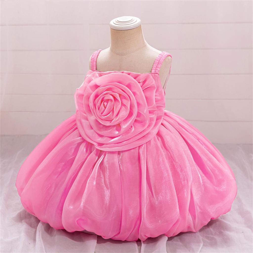 Toddler Princess Dress with 3D Rose Flowers and Shiny Satin Puff Sleeves
