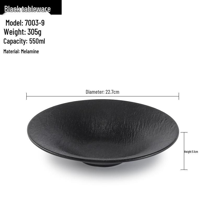 Melamine Black Round Plate for Pasta, Steak, Hot Pot, BBQ, and Tableware
