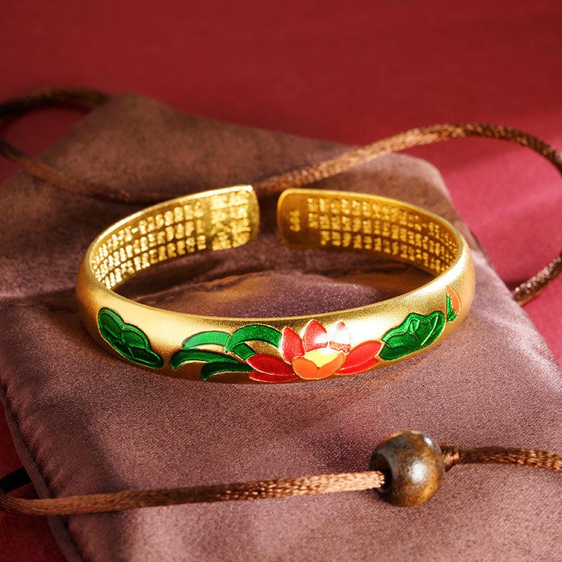 Lotus Enamel Open Bracelet Dripping Oil Blue Vintage Lotus One Size(16-22CM)