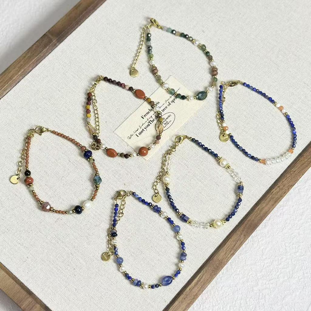 Ethnic Lapis Lazuli & Freshwater Pearl Bracelet with Dunhuang Yolk Stone, Agate, and Red Beads in Titanium Steel.