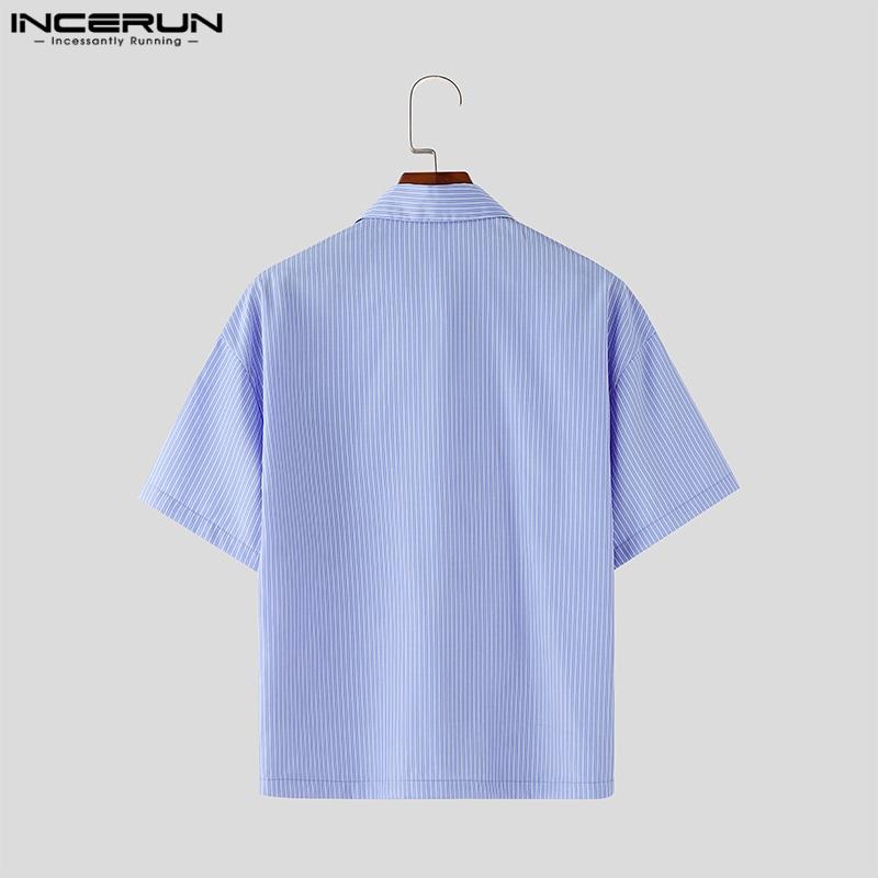 INCERUN Herren Übergröße Reverskragen Sommer Gestreift Knöpfe Oben Lässig Locker Hemden