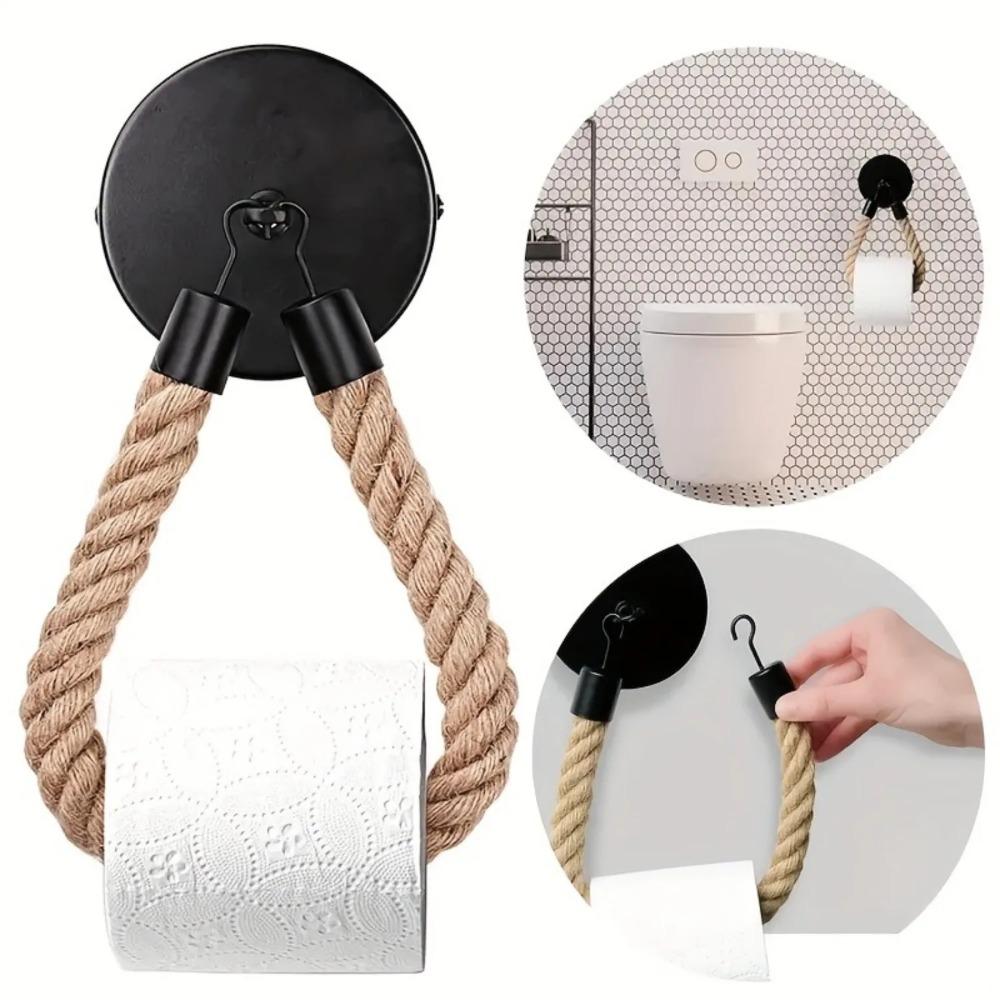 Vintage Hemp Rope Toilet Paper Holder Retro Wall Mounted Tissue Rack for Bathroom Storage Organizer No Drill Decor