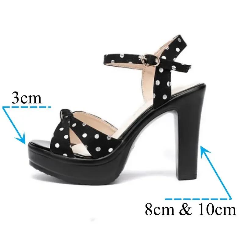 8cm 10cm Small Size 32-43 Elegant Polka Dot Shoes Summer Platform Sandals 2025 Womens Block High Heels Sandals for Office Model